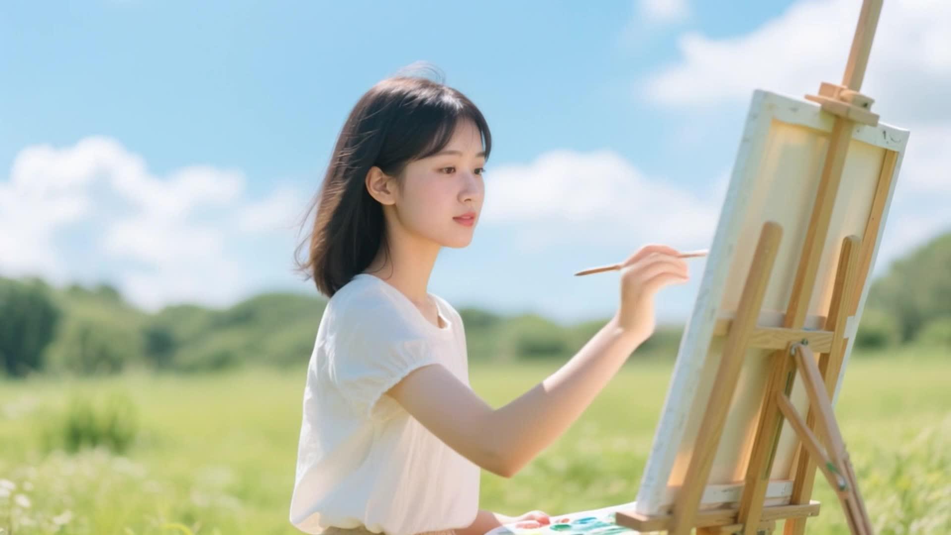 美女在户外写生清新自然视频的预览图