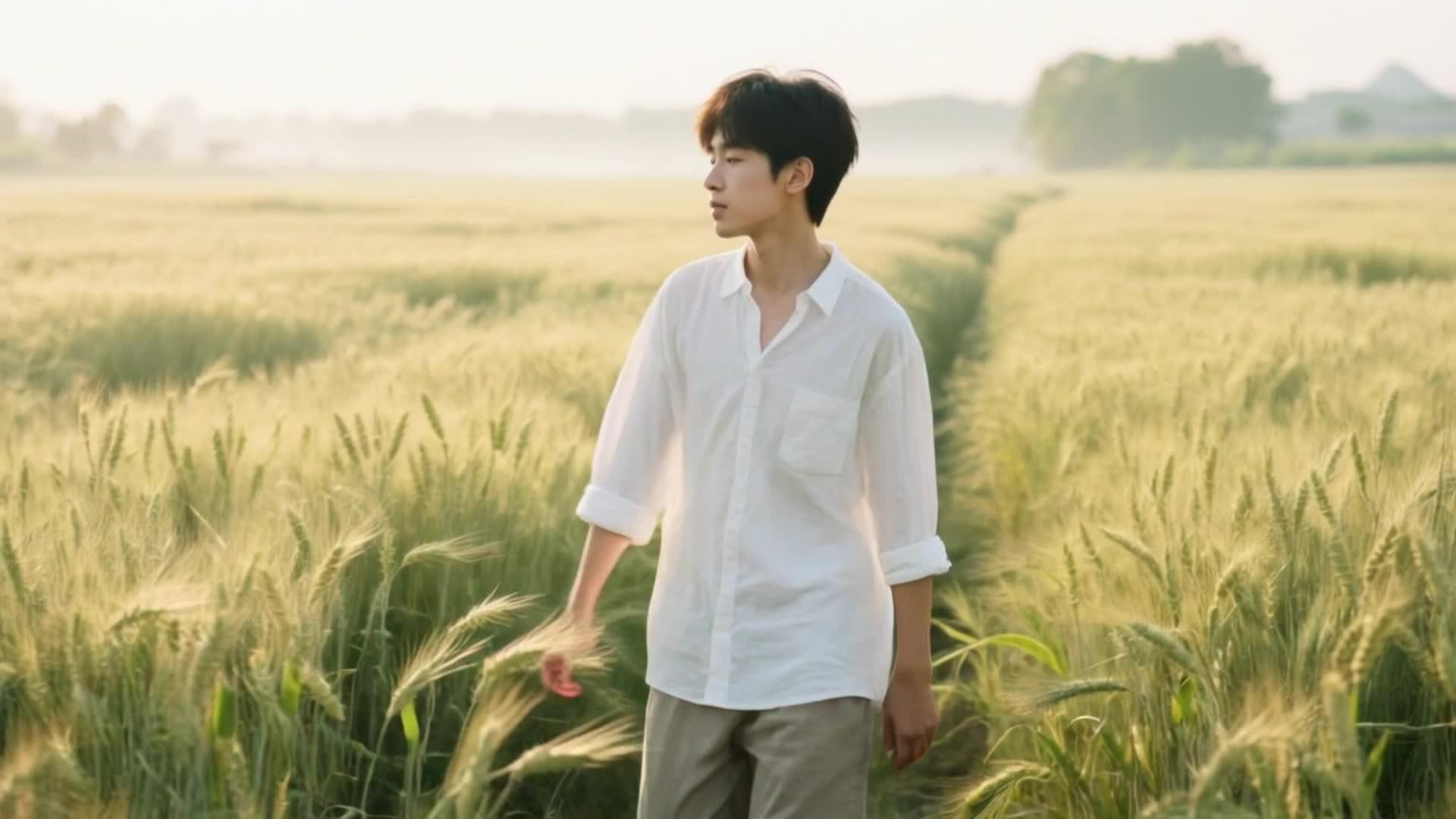 夏天的年轻人在麦田里行走视频的预览图