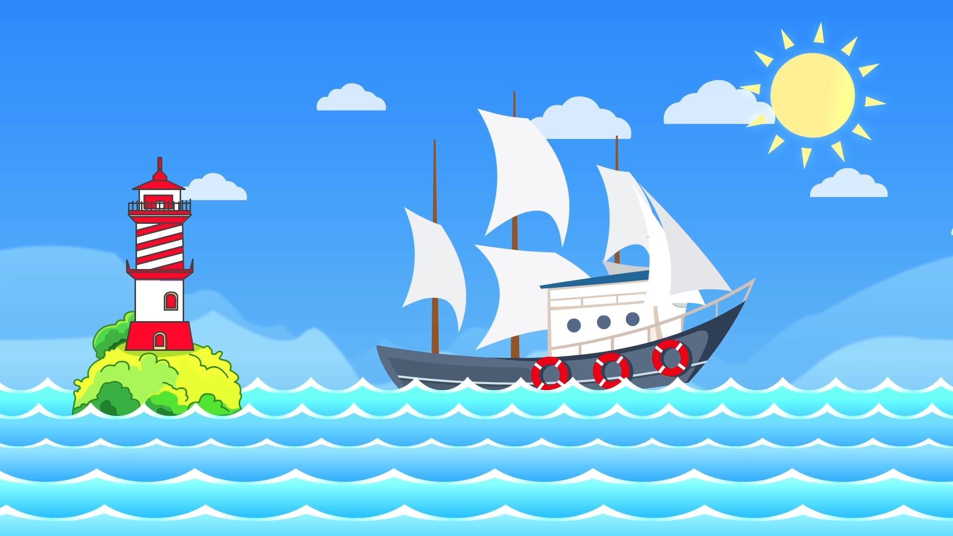 卡通海边灯塔船背景视频的预览图