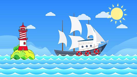 卡通海边灯塔船背景视频的预览图