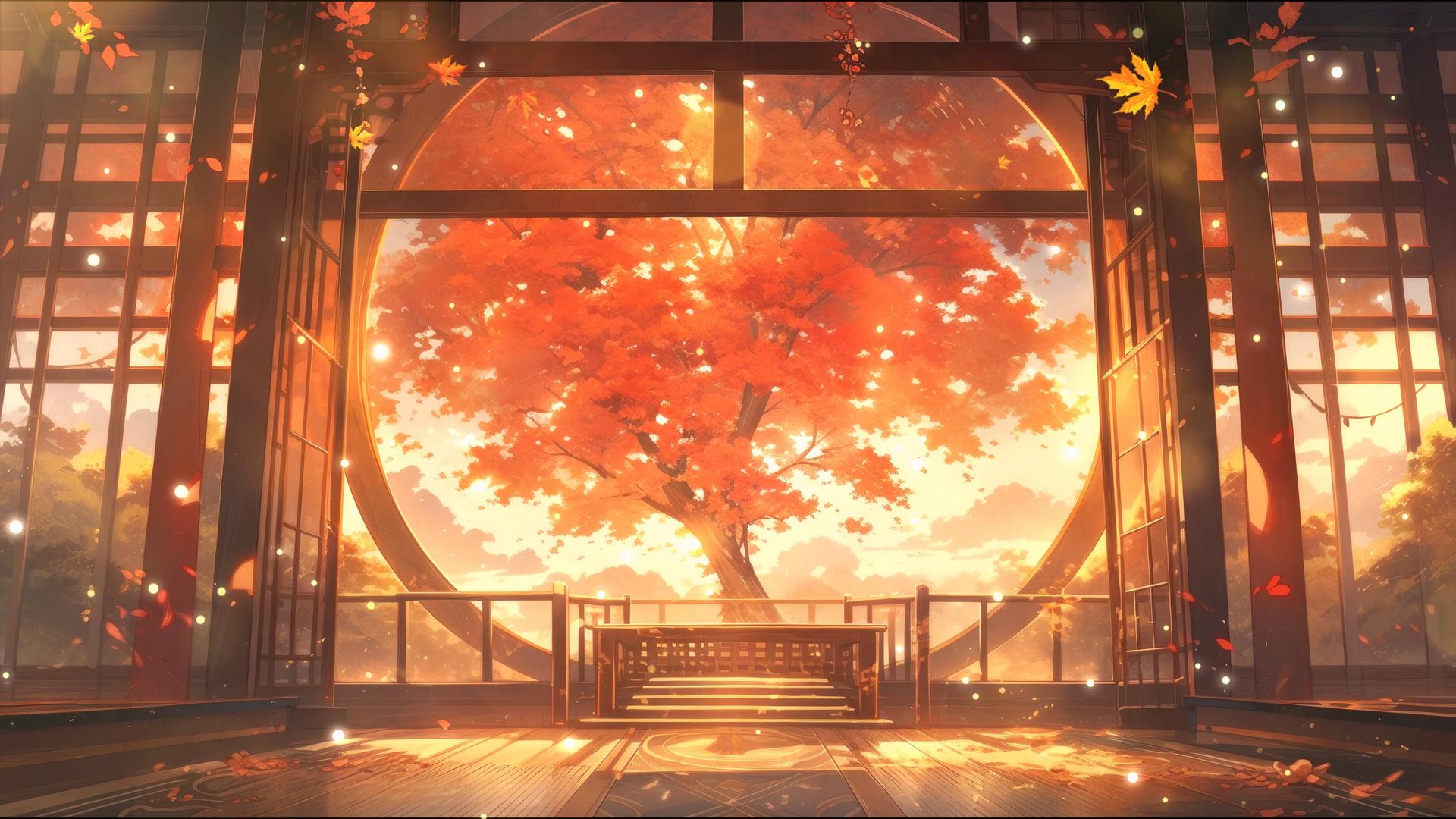秋季火红唯美的卡通树和古建筑视频的预览图