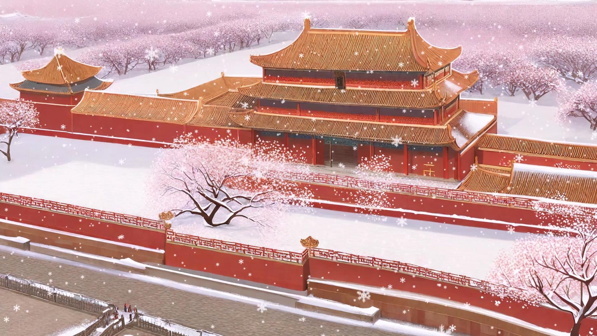 冬季雪中宫殿古建筑背景视频视频的预览图