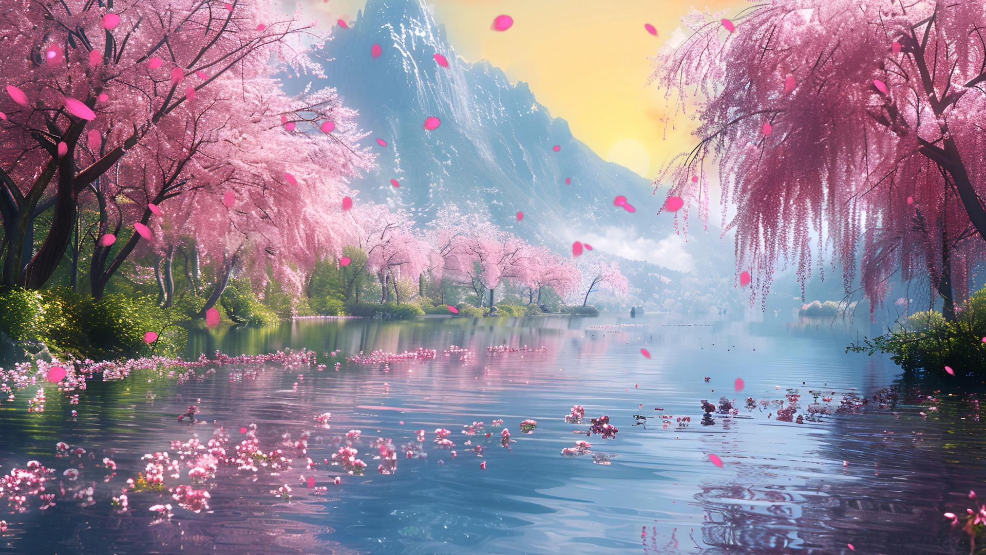春天池塘湖面上的粉红色大树飘落视频的预览图