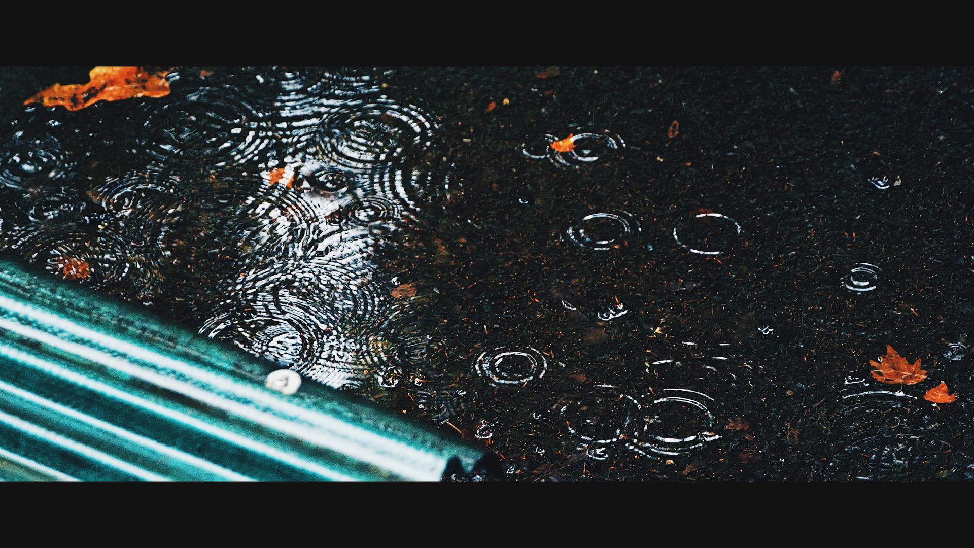 雨天落在石板地上与水泥质容器中的雨滴升格4K慢动作拍摄视频的预览图