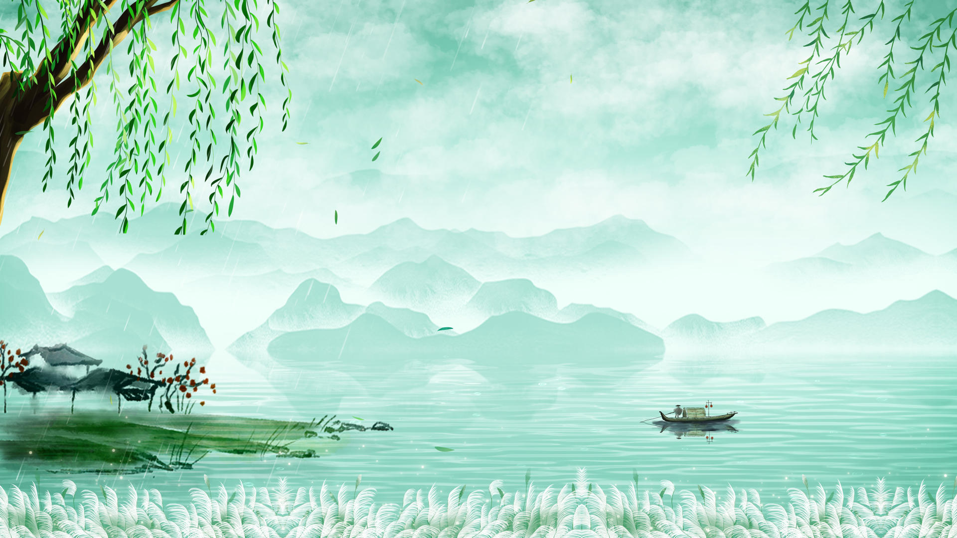 优雅的墨绿山水柳树细雨芦苇民居渔船谷雨背景视频的预览图