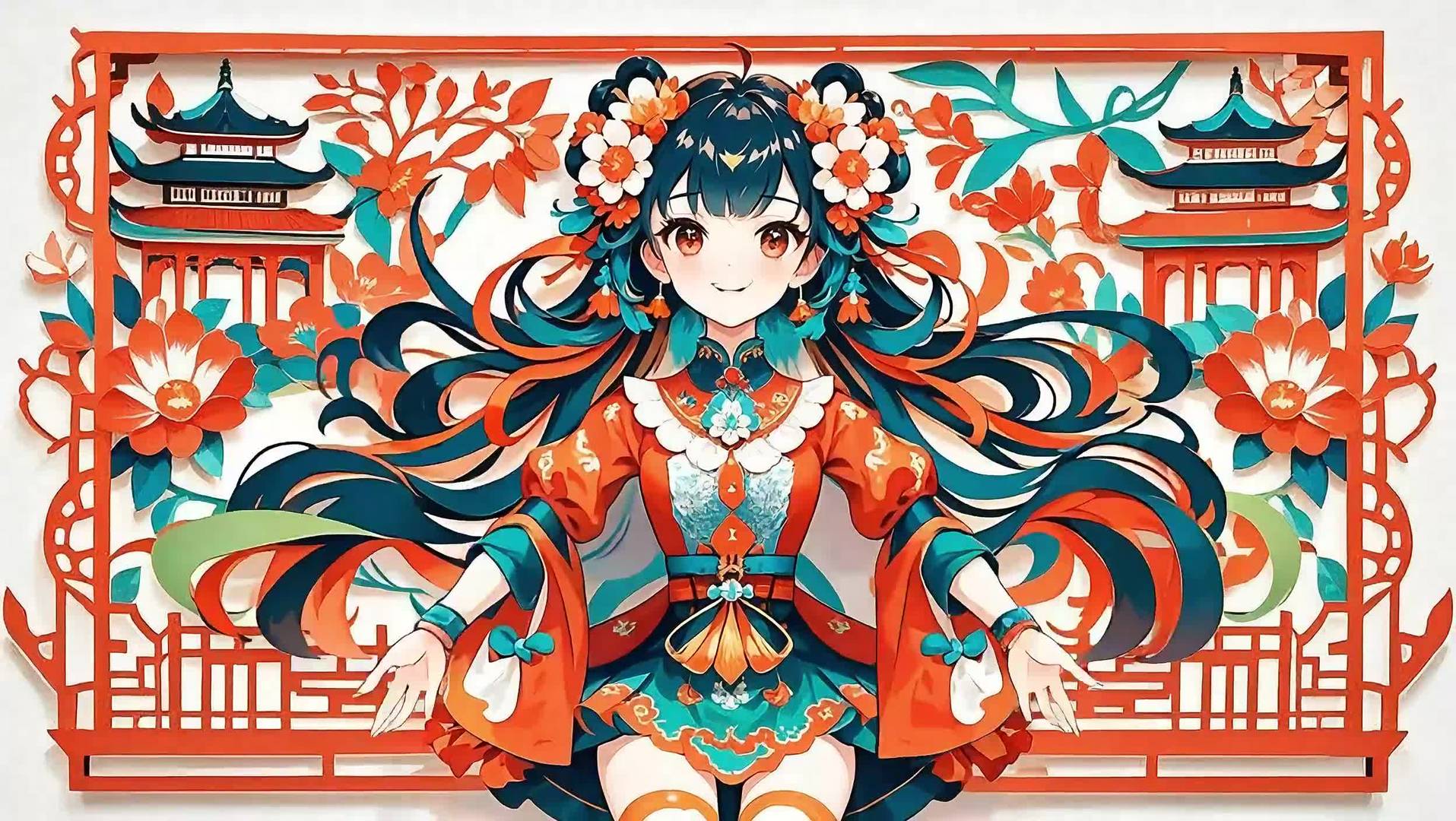 剪纸风动漫女孩迎新年迎新视频的预览图