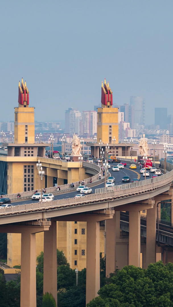 城市天际线南京长江大桥交通流量视频的预览图