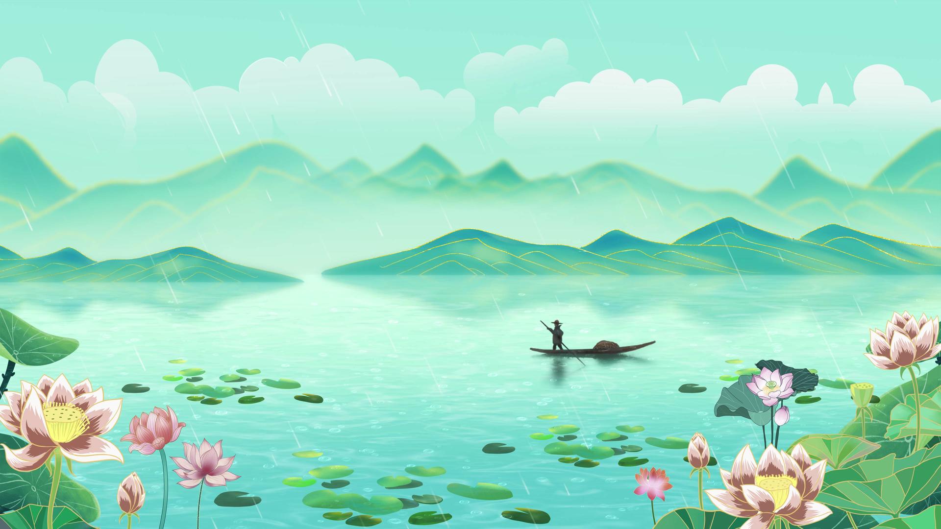 蓝色优雅国风水墨远山湖泊渔船荷叶荷花长夏背景视频的预览图