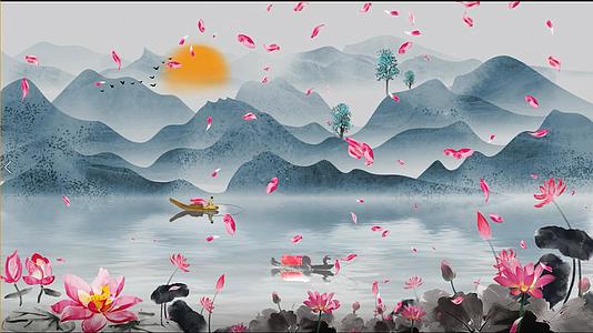 中国风山水画花瓣飘落背景视频的预览图