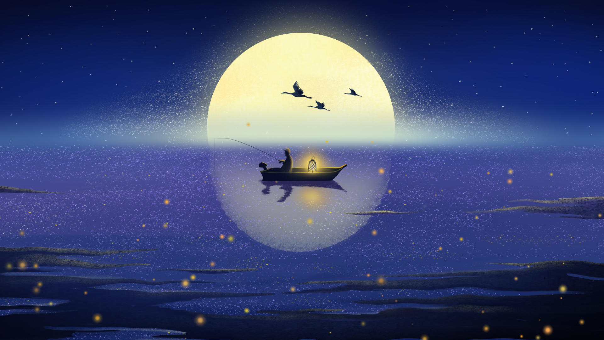 月夜小舟垂钓背景视频视频的预览图