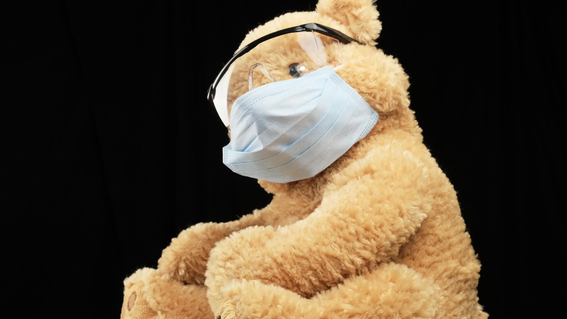 棕色泰迪熊熊戴着口罩和护目镜视频的预览图