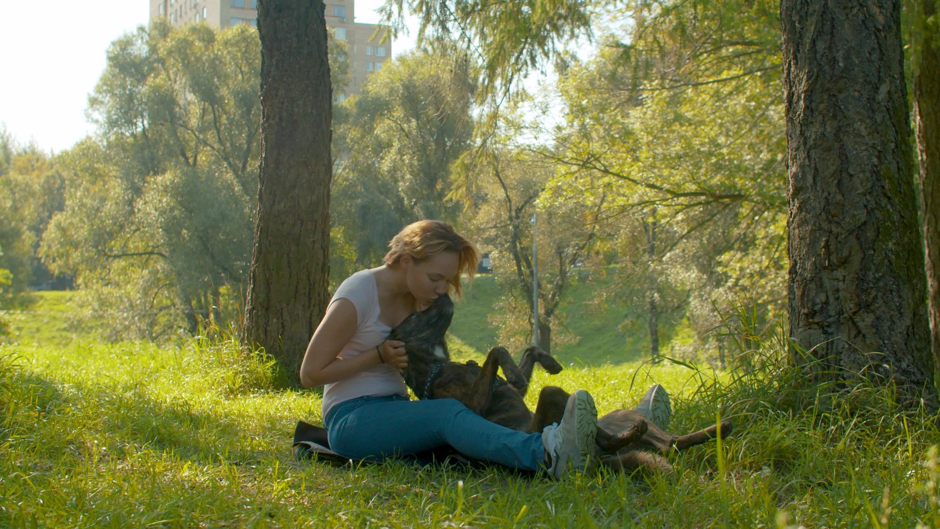 美丽的女人和她的狗在公园里视频的预览图