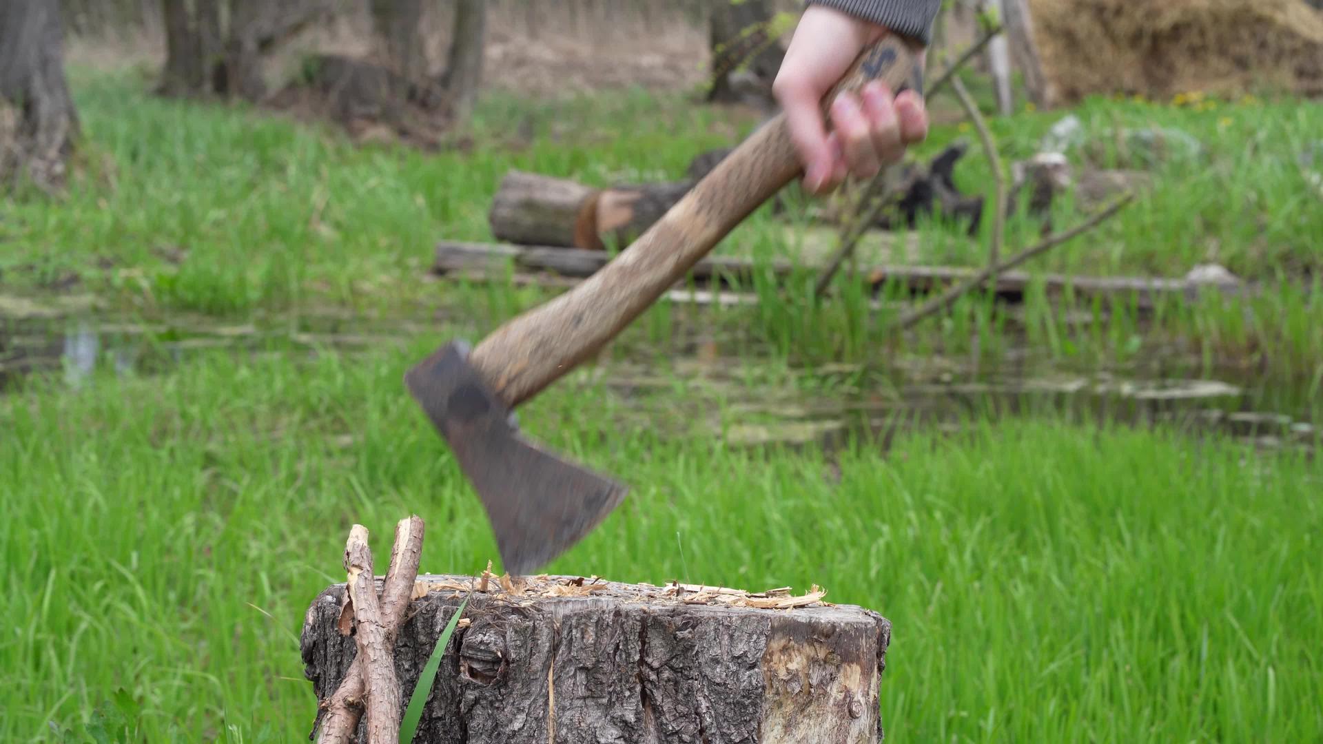 斧头撞到了木头砍干了木头木人用斧头砍干树枝视频的预览图