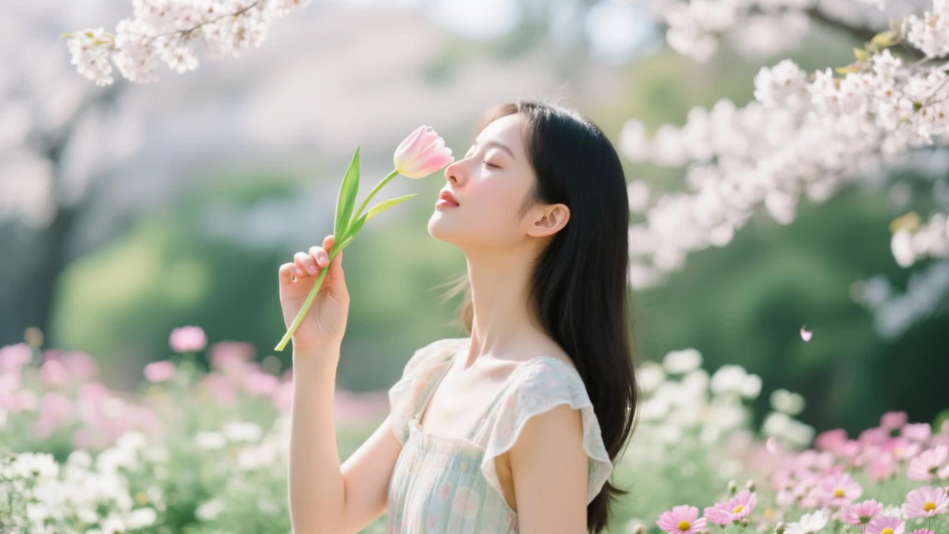 在公园里美女们拿着一束花靠近鼻子感受着春天的气息视频的预览图