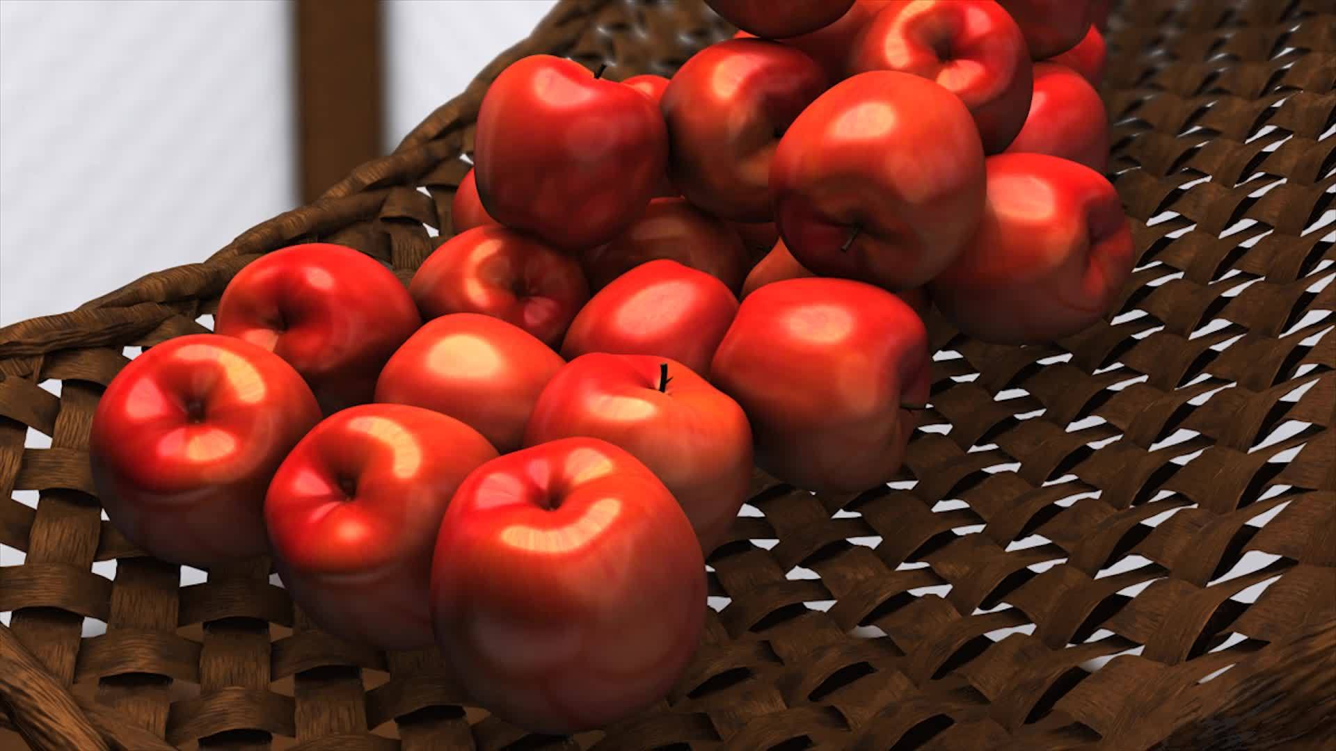 新鲜苹果在竹桶上滚动视频的预览图
