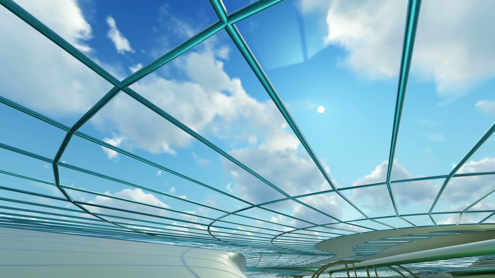 抽象建筑内部结构配有蓝色光滑玻璃和钢D动画视频的预览图