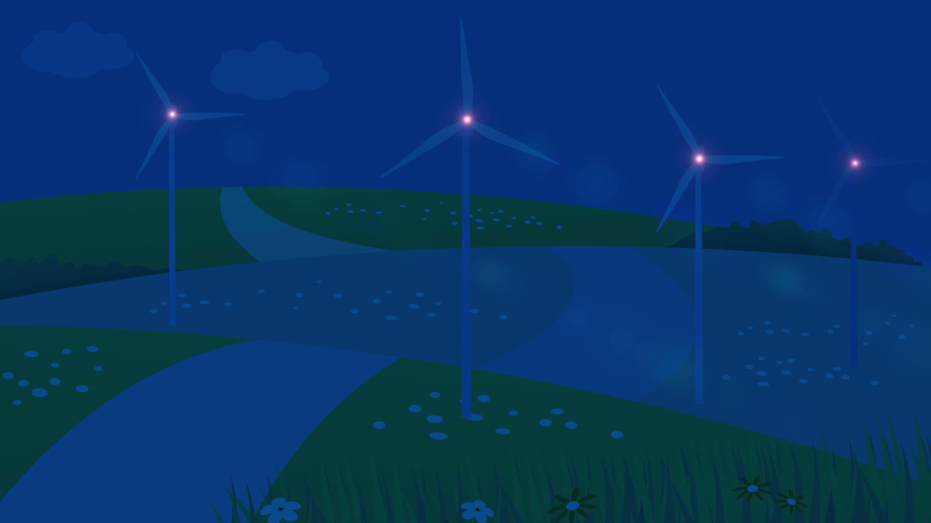 2d风涡轮树动画在夜间生产替代能源视频的预览图