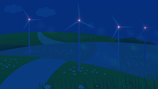 2d风涡轮树动画在夜间生产替代能源视频的预览图