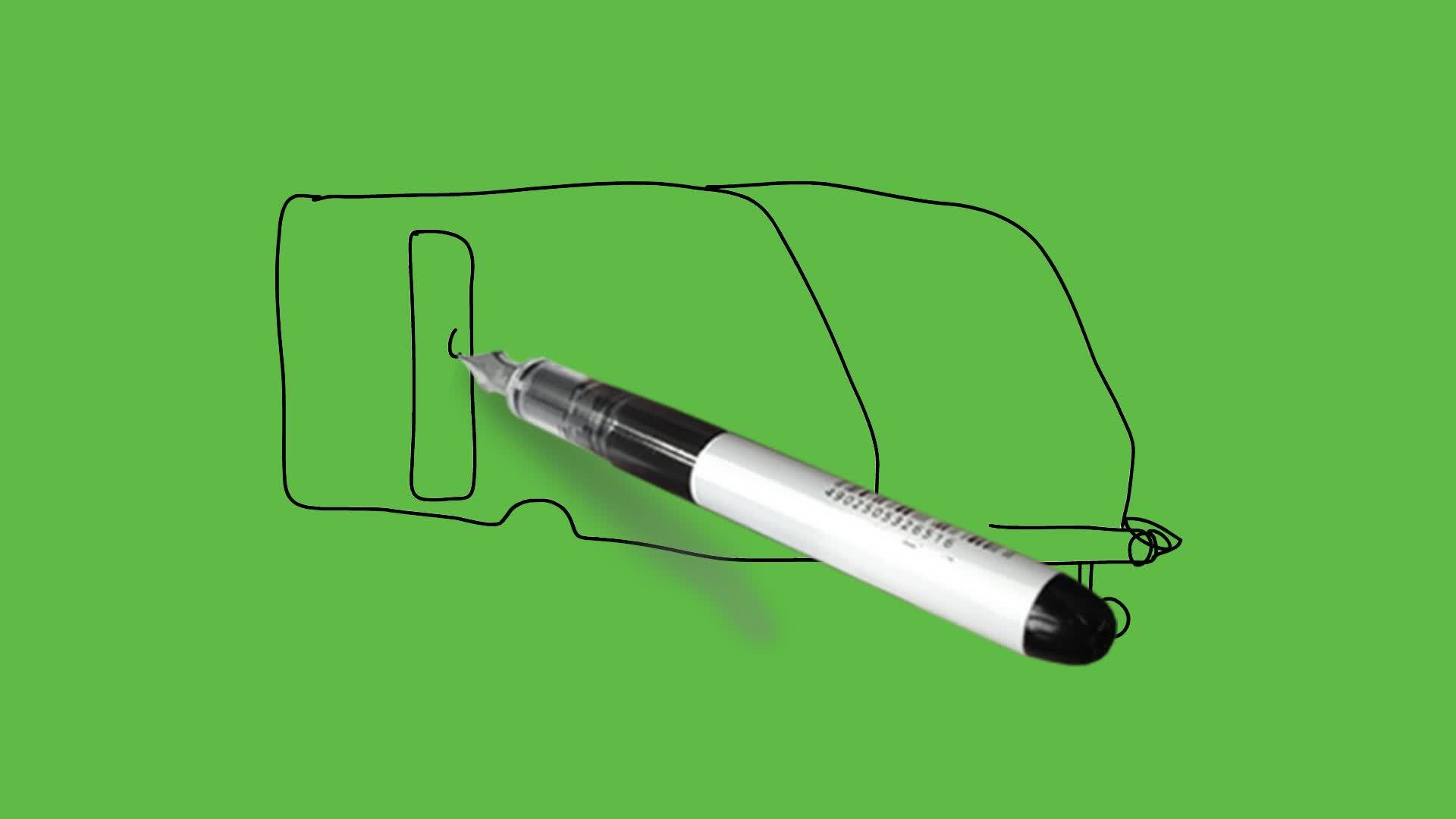 在抽象的绿色背景上用黑色笔画出公交侧视图视频的预览图
