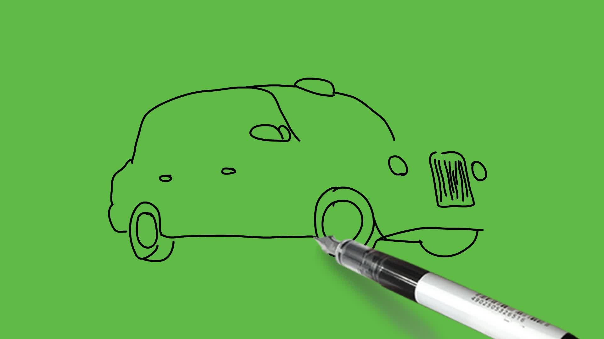 在抽象的绿色背景上画出黑色和颜色组合的乘用车侧视图视频的预览图