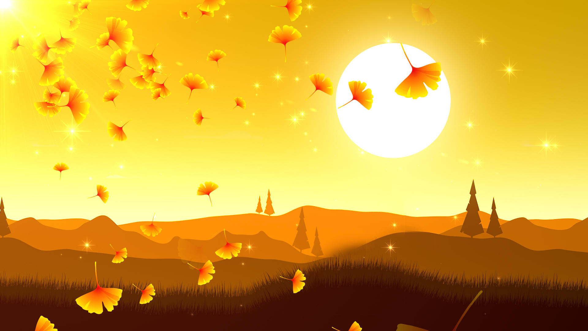 金色远山银杏叶飘落秋天背景视频的预览图