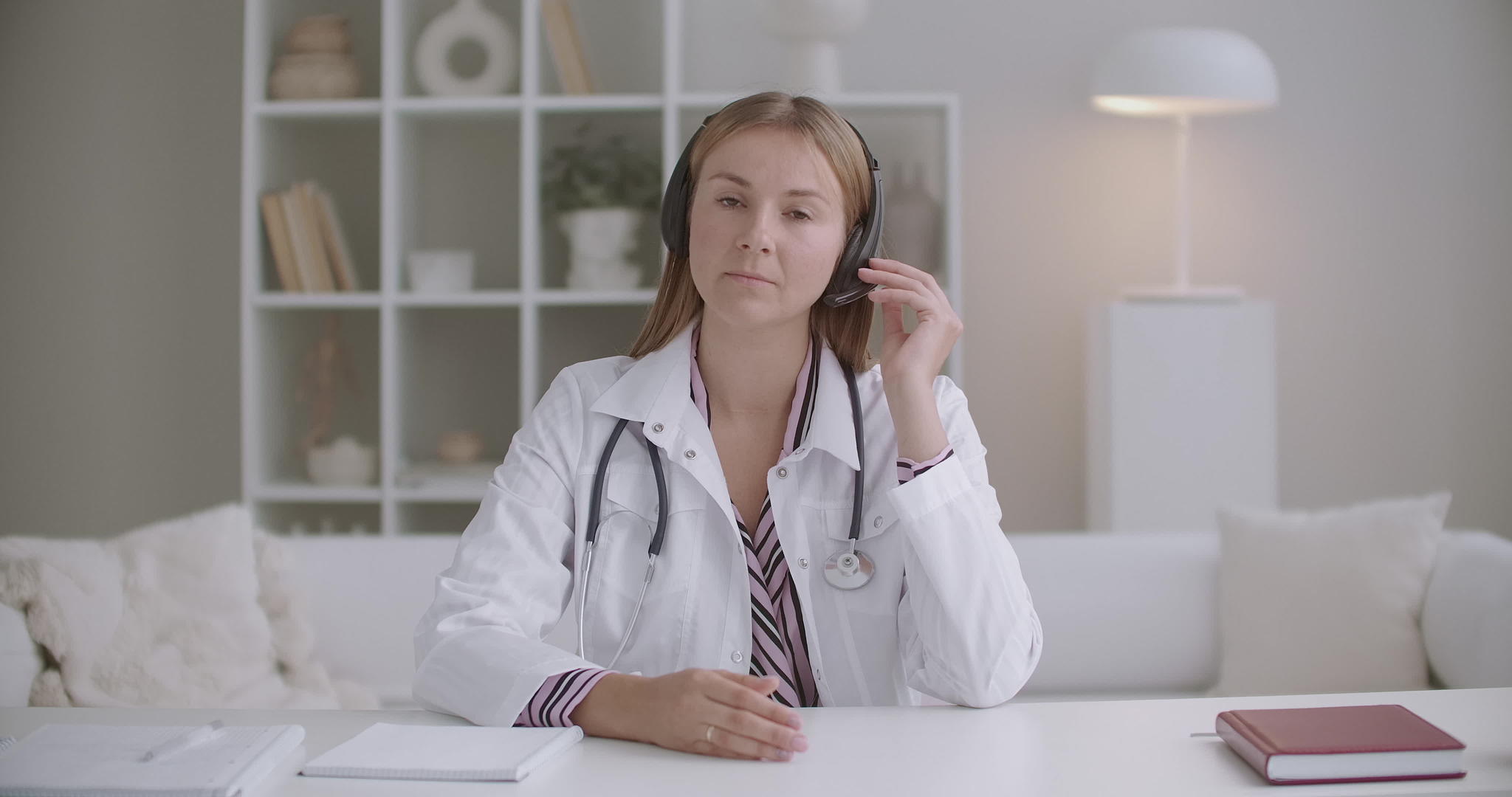 年轻的女医生正在用耳机监视病人或同事的耳机并使用视频电话视频的预览图