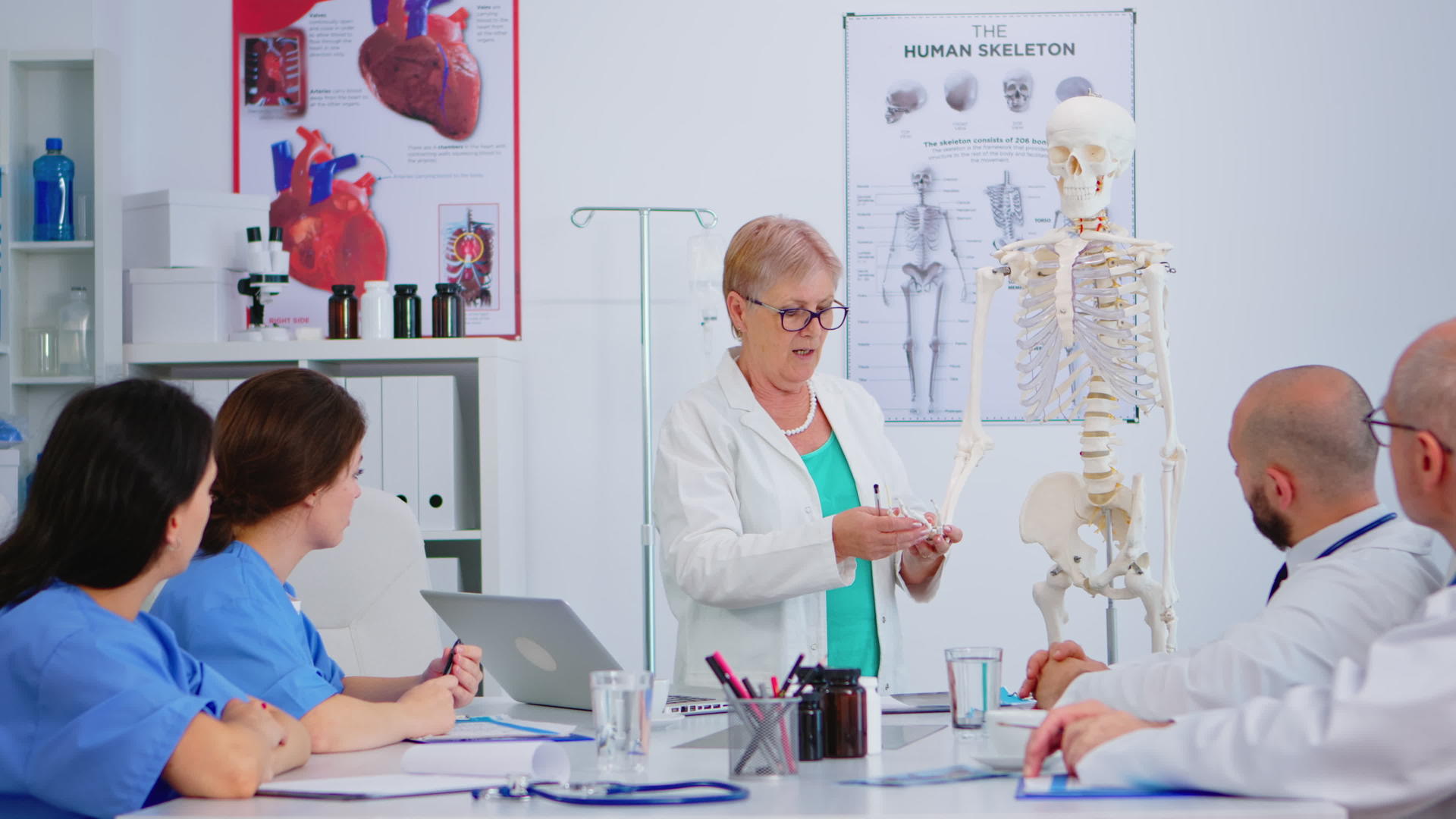 多年来女医生在骨架模型上展示了人体手的工作视频的预览图