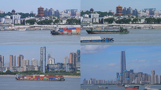 武汉黄鹤楼地标旅游江景天际线长江上穿梭的货轮4k素材视频的预览图