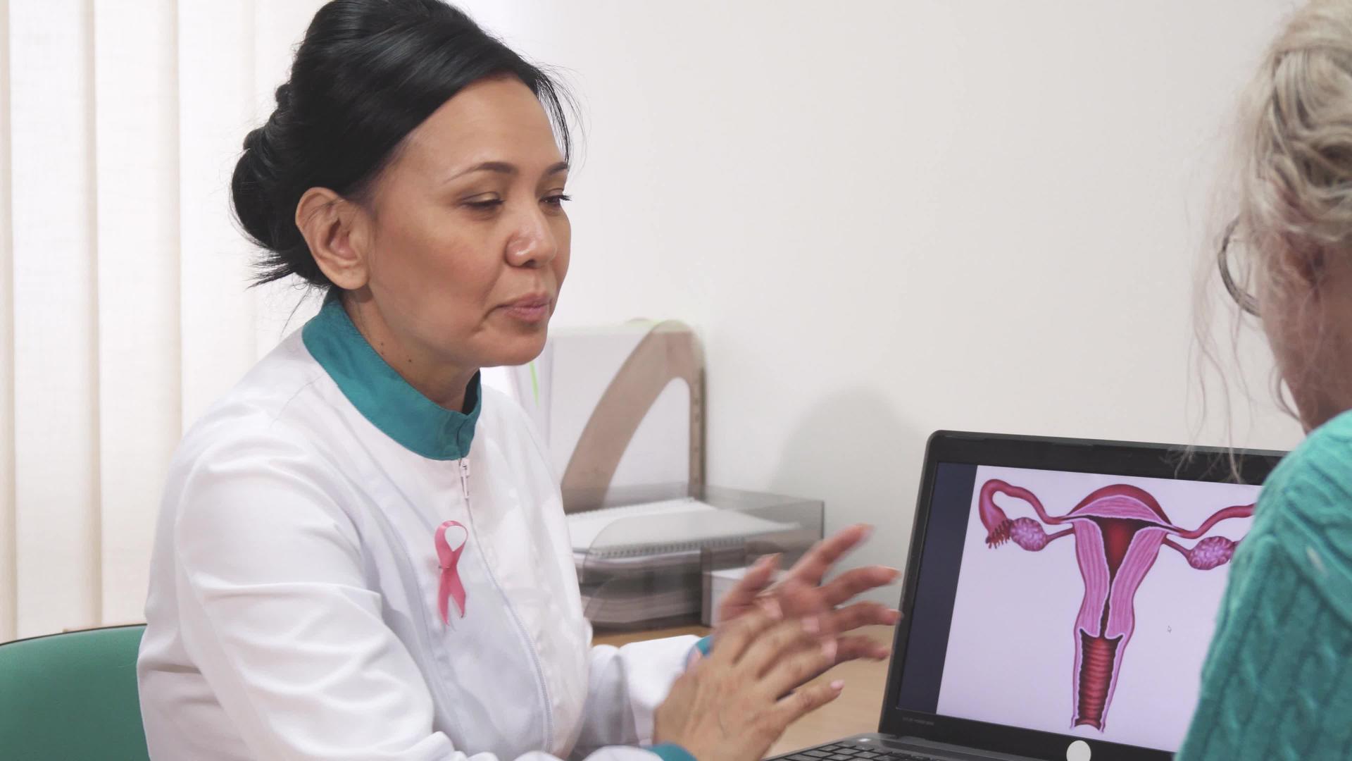 当一名女妇产科医生在笔记本电脑上显示子宫照片的患者说话时 视频的预览图