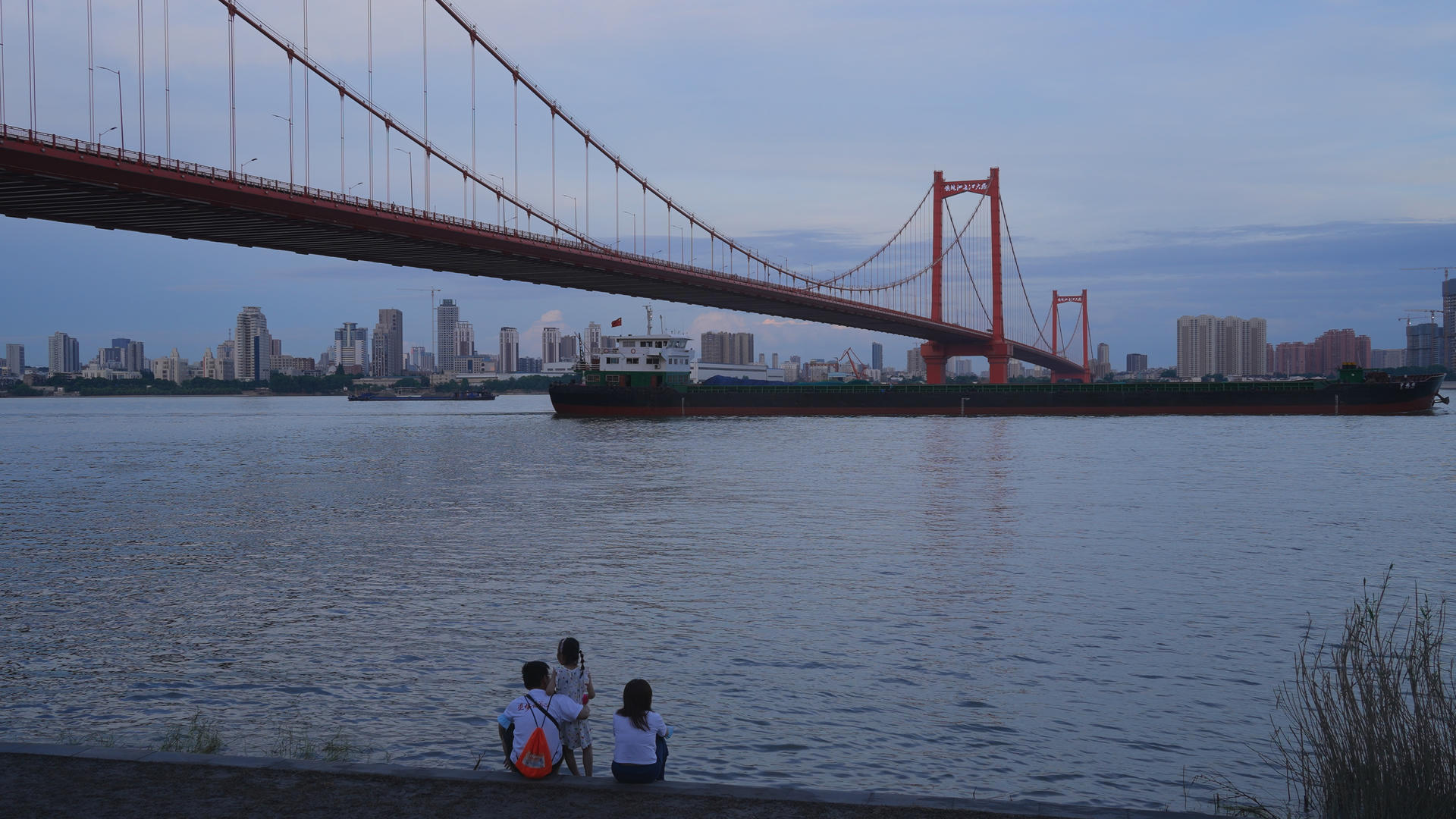 城市长江边武汉鹦鹉洲长江大桥下欣赏晚霞落日风景的一家三口亲子4k素材视频的预览图