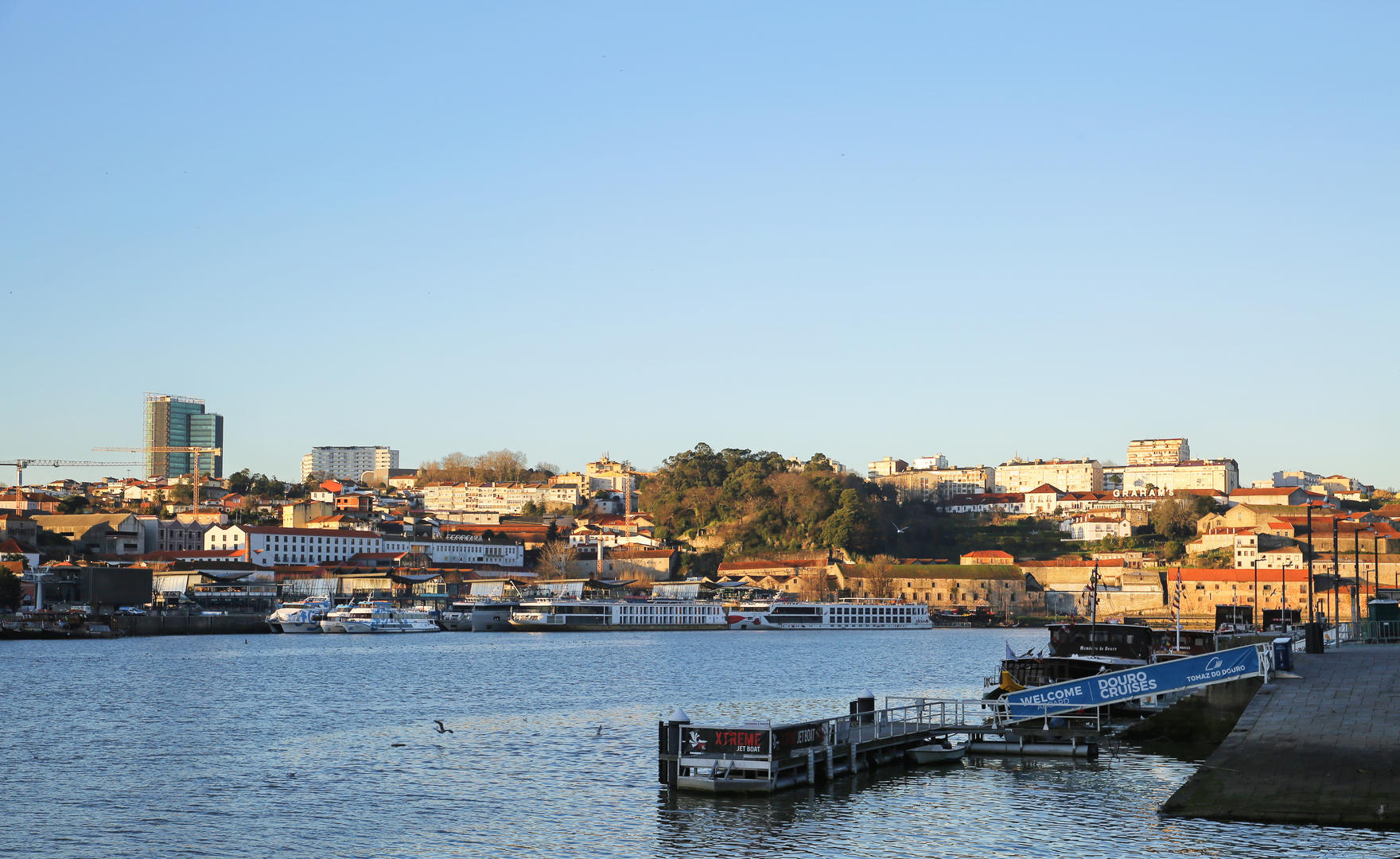 清晨的葡萄牙波尔图杜罗河利贝拉码头视频的预览图