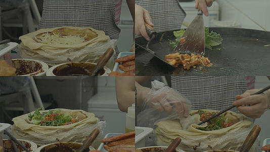 武汉城市街头餐饮美食特色小吃卷饼快餐制作过程4k素材视频的预览图