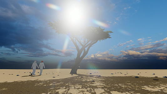 日落时阿拉伯男子在沙漠中的一棵树附近行走D动画视频的预览图