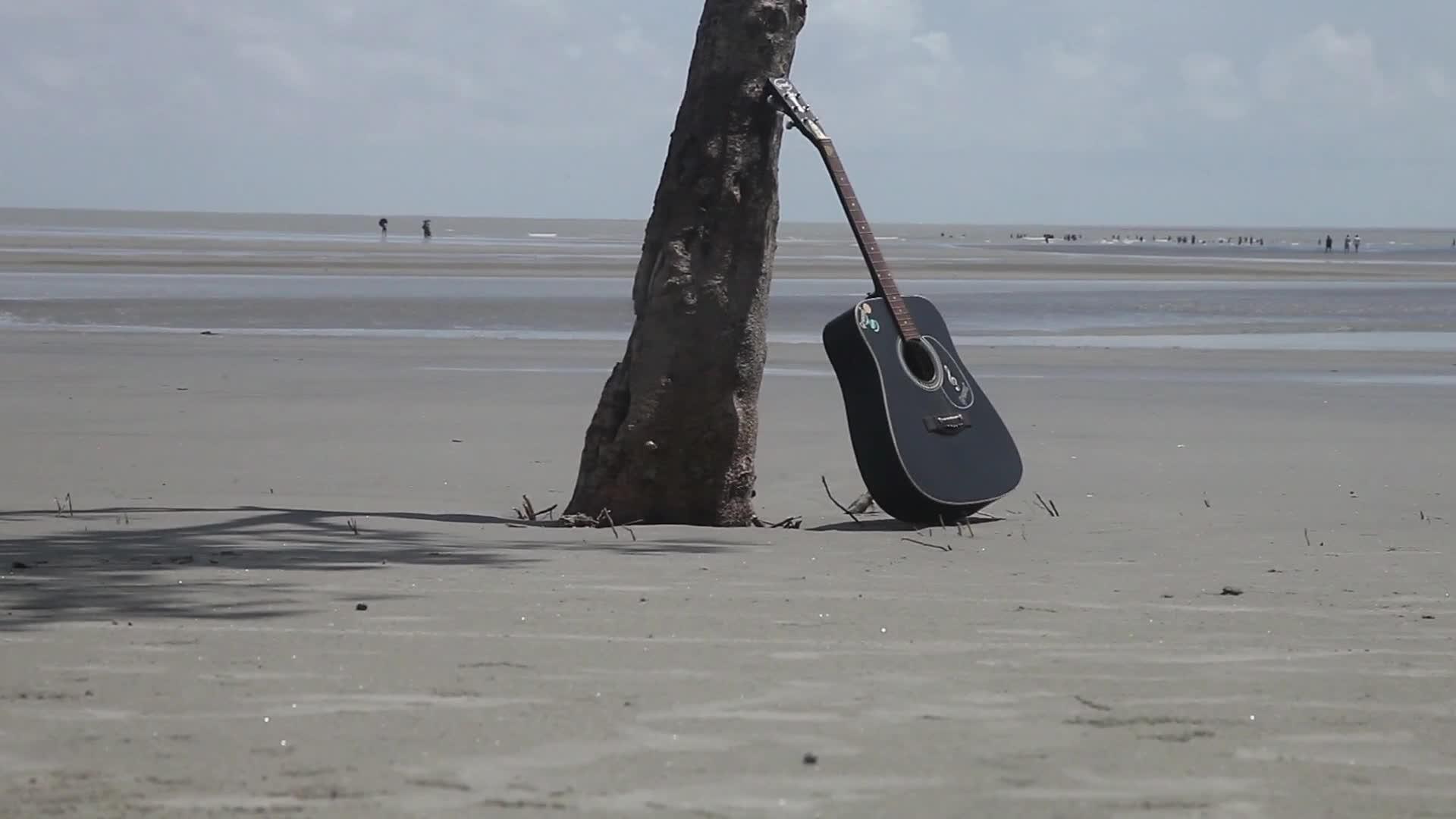 海滩岛上一棵树旁美丽的吉他音乐视频的预览图