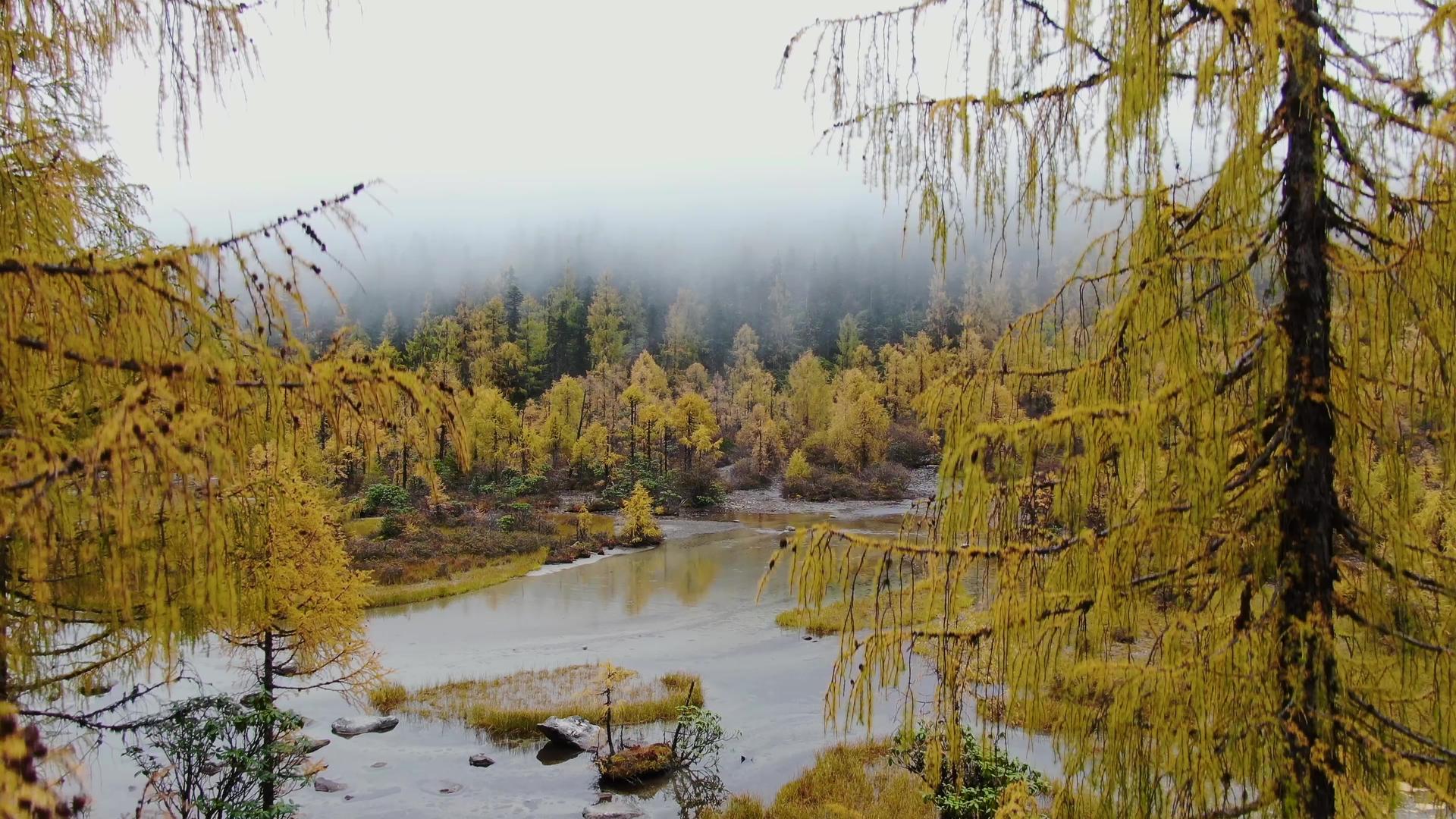 航拍云雾缭绕的高原海子湖泊秋色视频的预览图