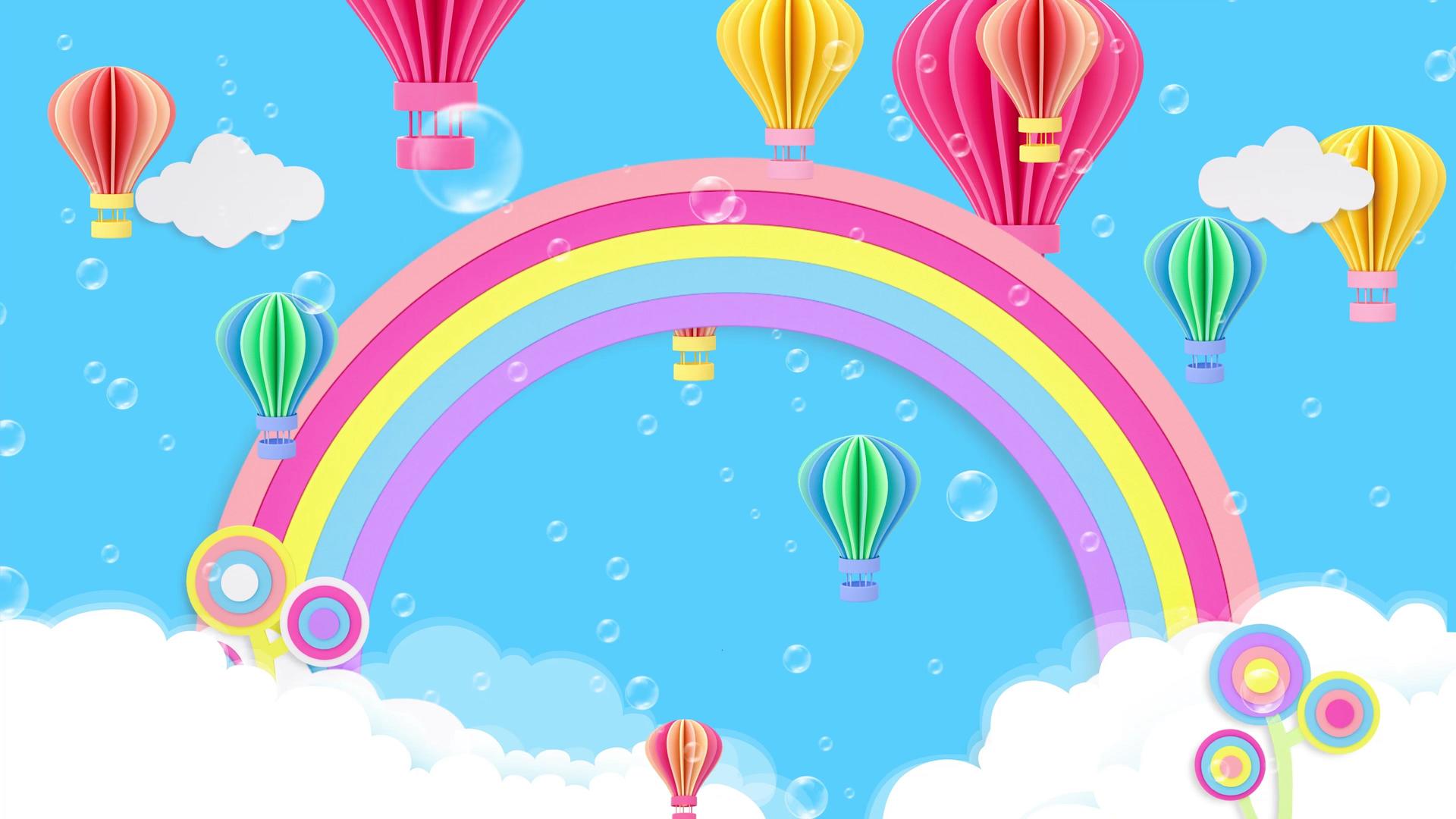 4K创意可爱纸切风格卡通彩虹气球背景视频视频的预览图