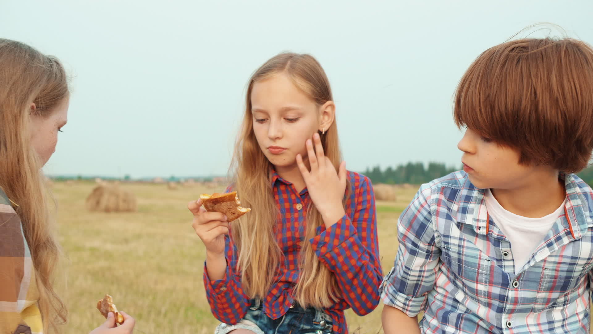 可爱的男孩和女孩在野外吃披萨视频的预览图