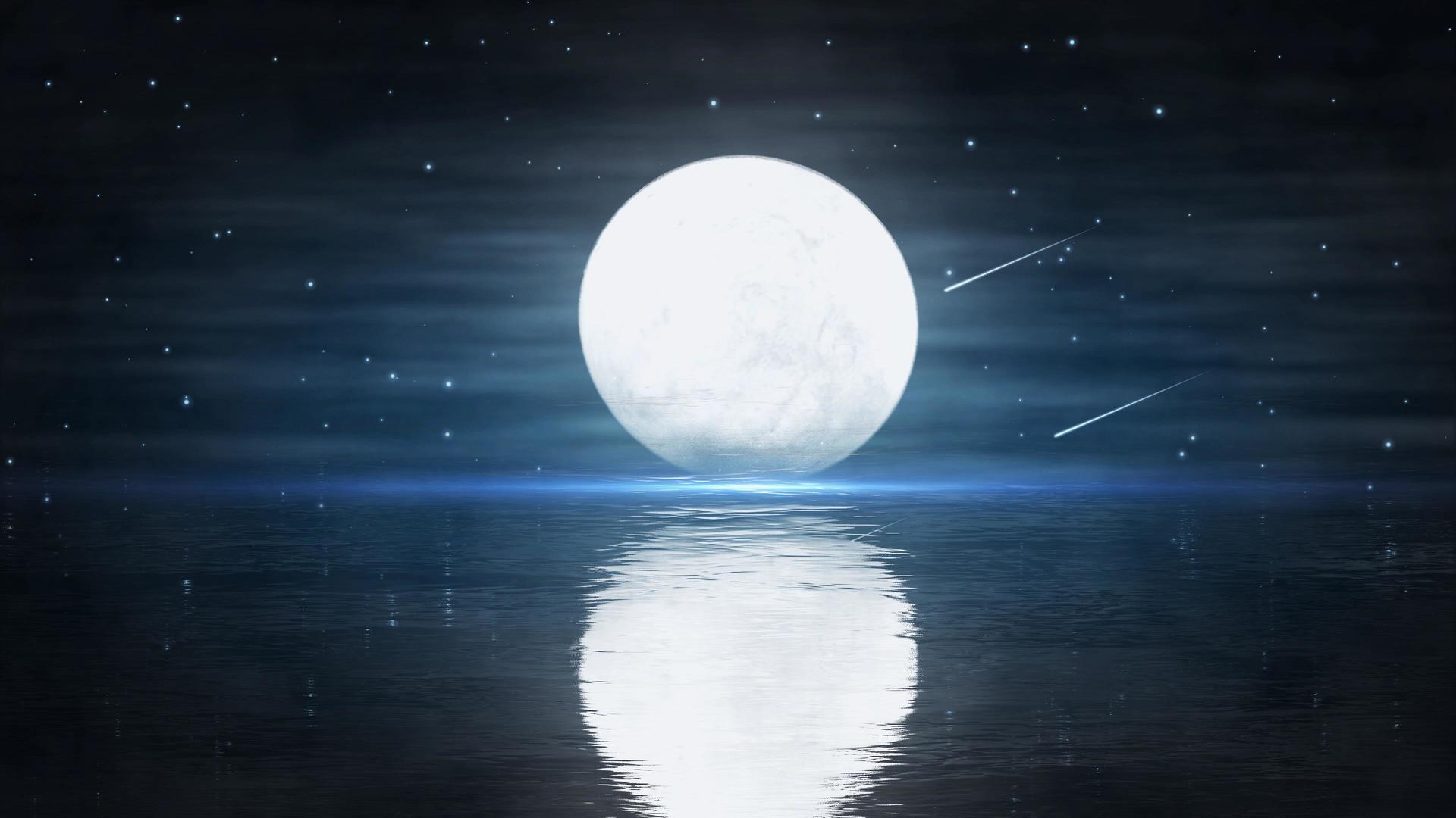 4K蓝色静谧动态唯美湖面的月亮背景视频视频的预览图