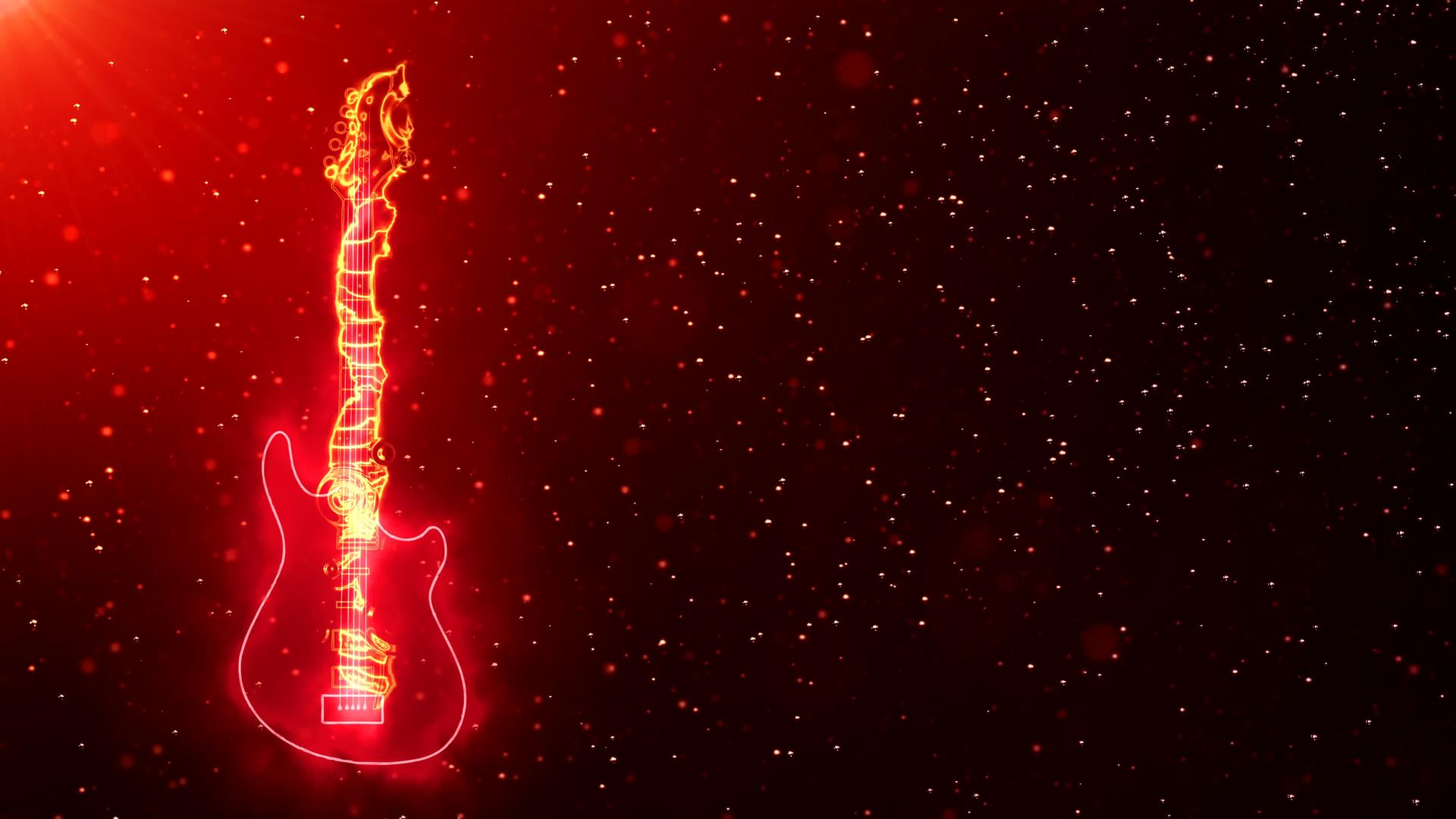燃烧的电吉他被明亮的颗粒和热空间的光效应包围视频的预览图
