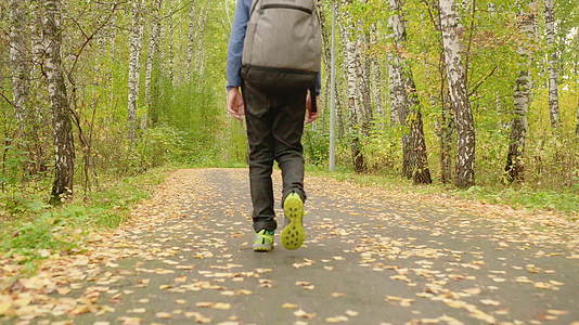 男孩背着背包在森林里行走视频的预览图