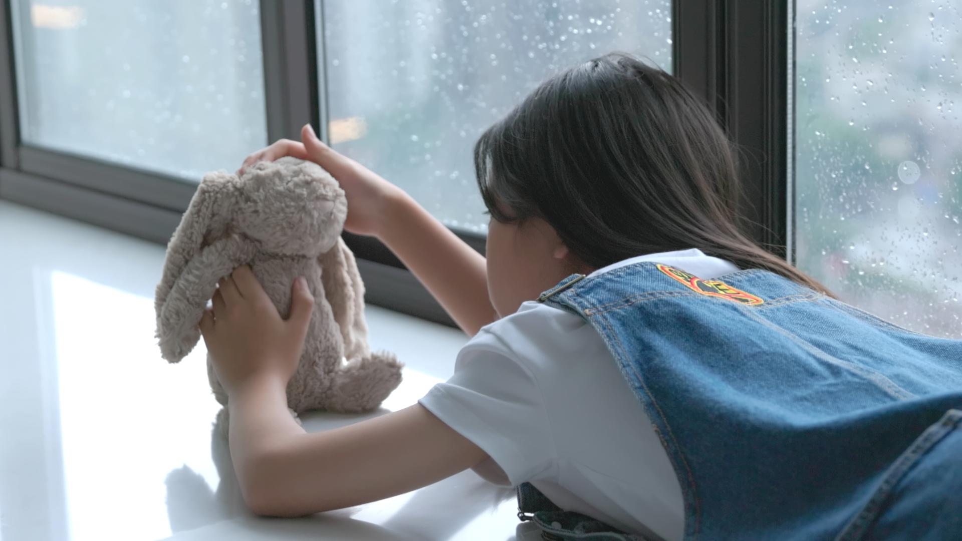 小女孩趴在窗台上抚摸小熊玩偶视频的预览图