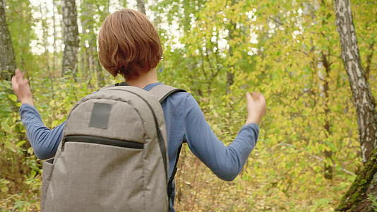 后视少年男孩背着背包走在秋天公园的小路上视频的预览图