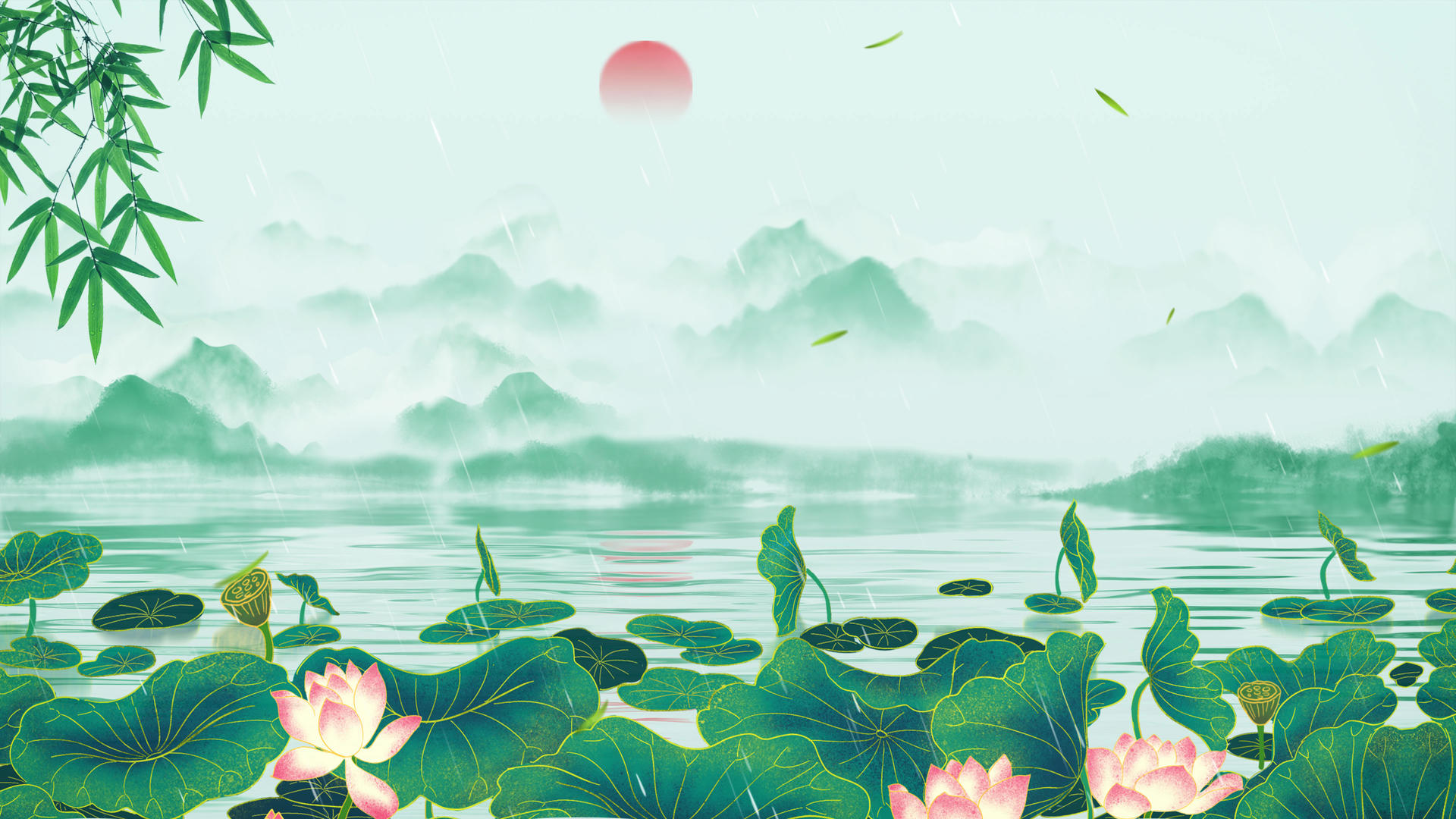 优雅的国风远山翠竹荷叶荷花夏至背景视频的预览图