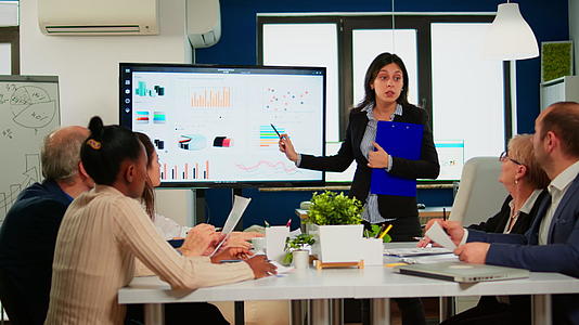 参加财务会议的女性项目经理显示统计图表；女性项目经理视频的预览图