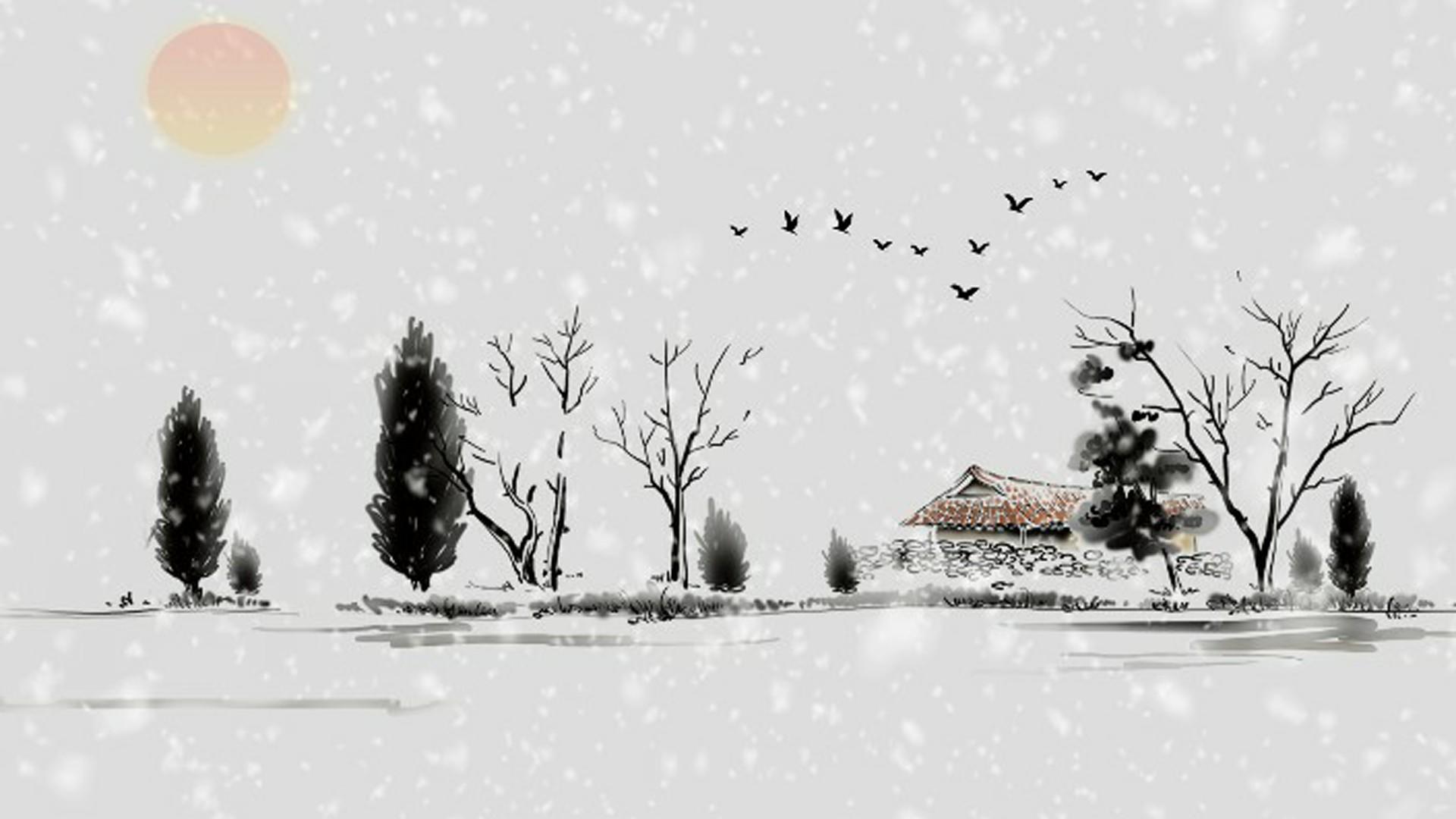 水墨大雪纷飞风景画中国风背景视频的预览图