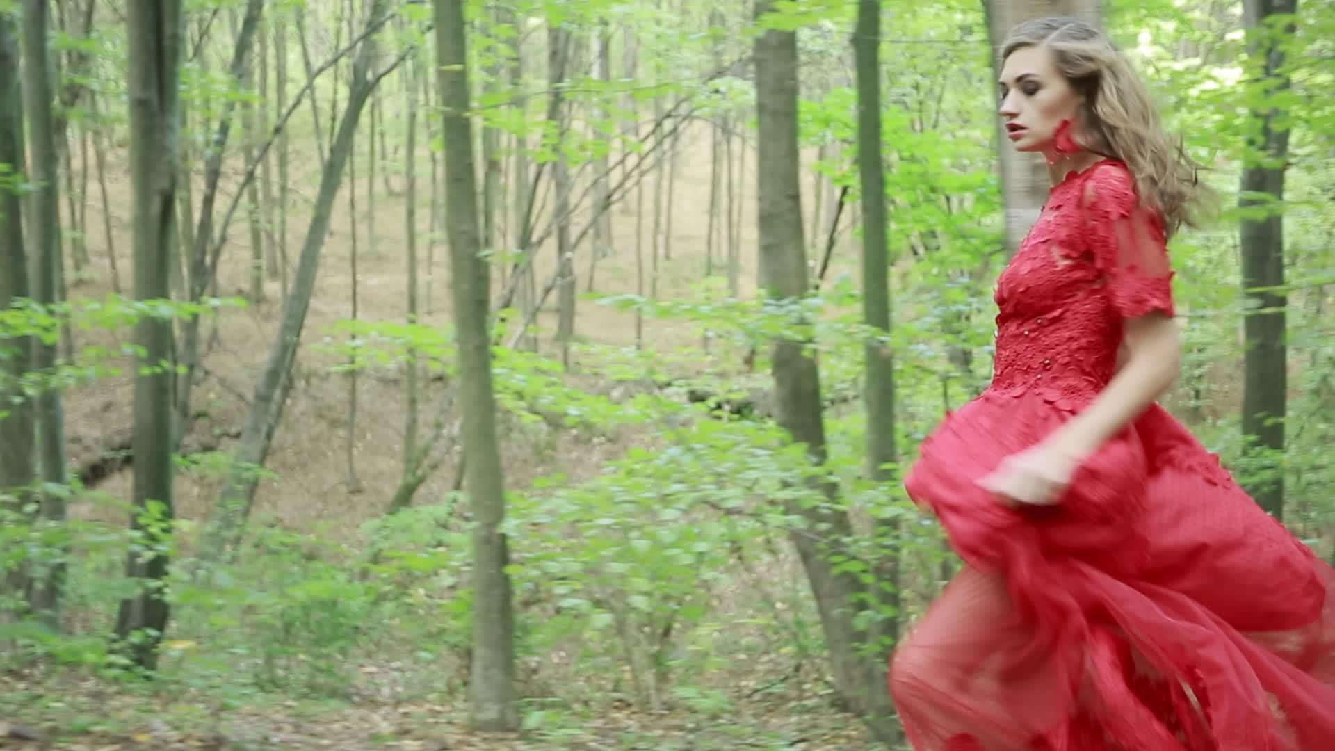 一个穿着红色裙子的女人在森林里跑来跑去视频的预览图