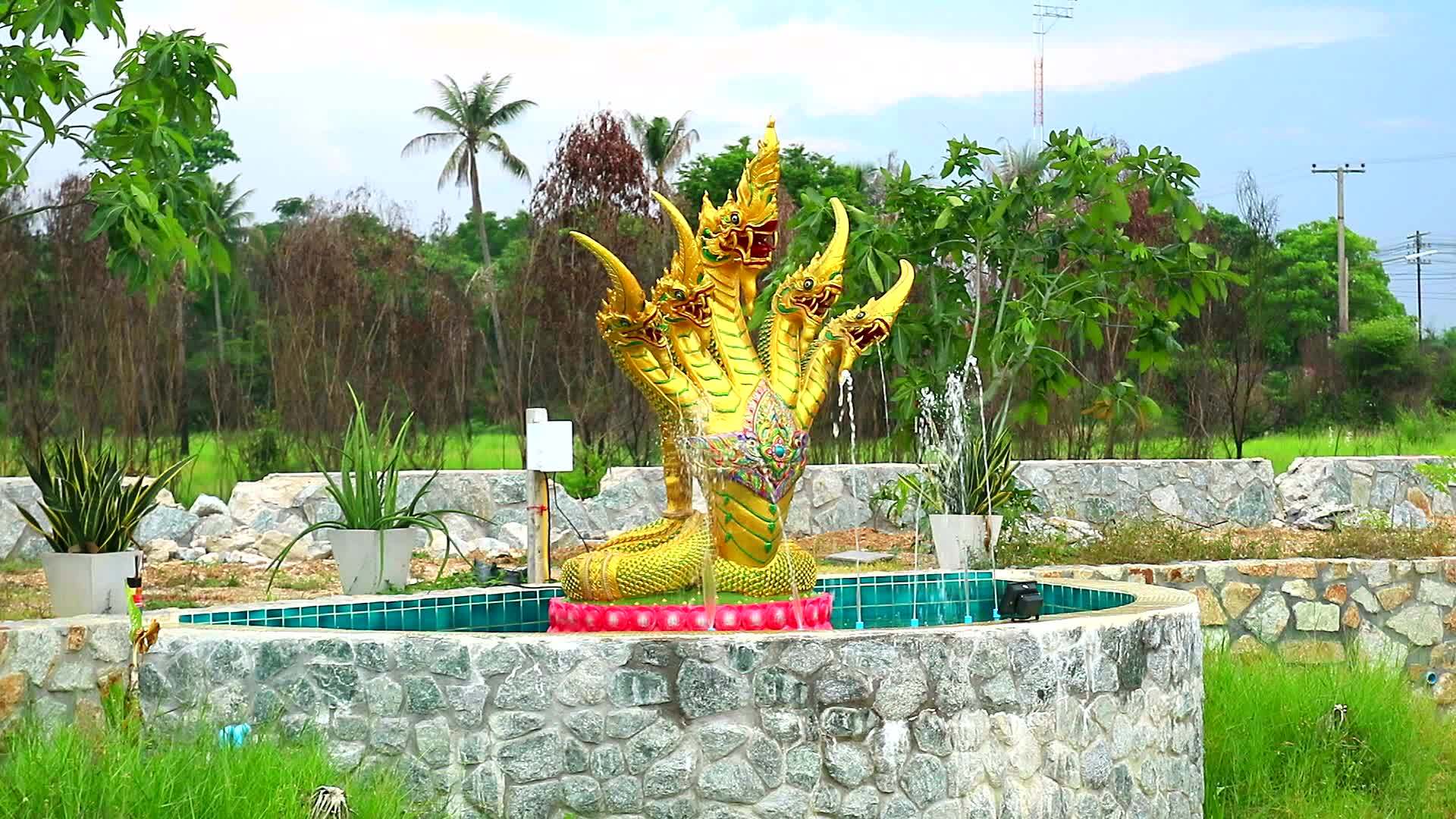 花园游泳池上五个头喷泉视频的预览图
