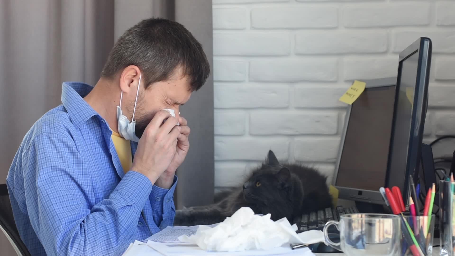 一个病人用手帕打鼻涕在家远程办公视频的预览图