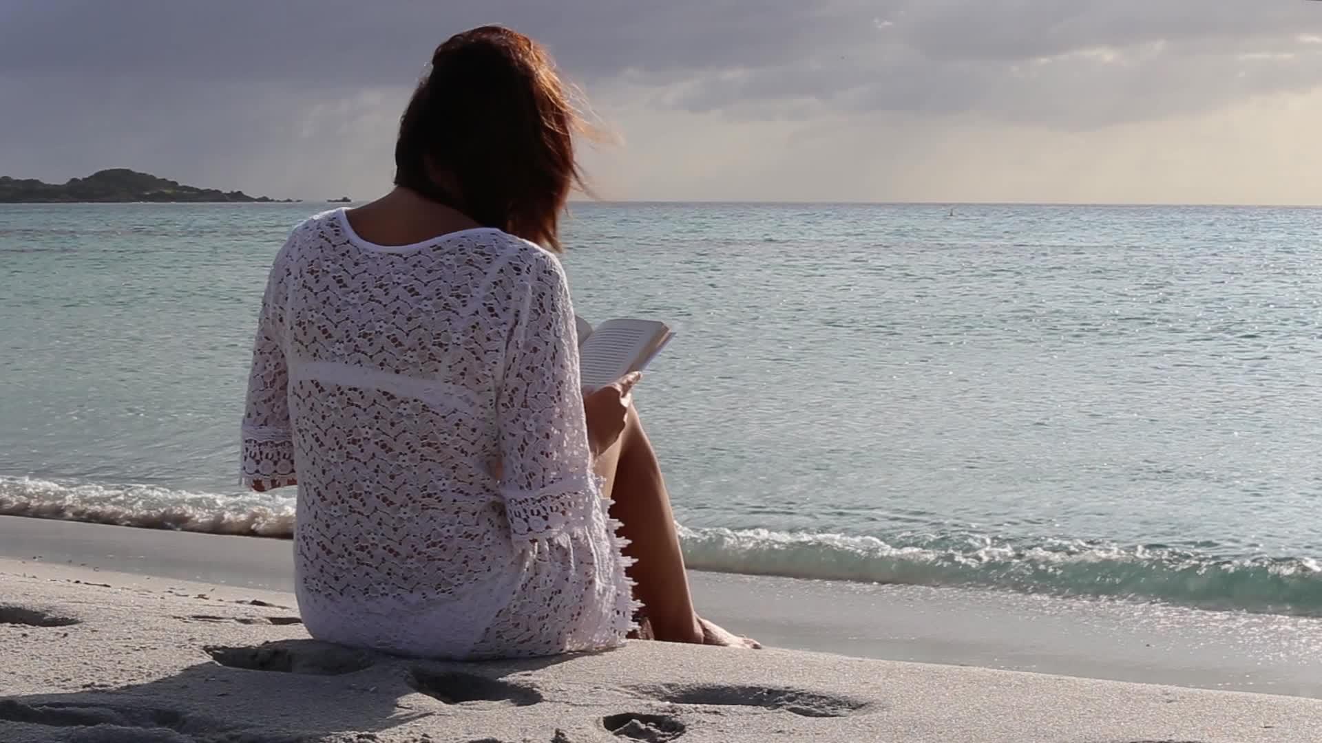 年轻女性坐在海边在黎明风中看书视频的预览图