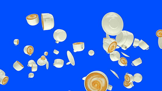 咖啡杯和酱汁杯在蓝色屏幕上缓慢飞动视频的预览图